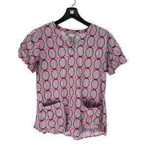 Grey’s Anatomy by Barco Women’s Scrub Top Size M Pink Black Pocket V-Neck